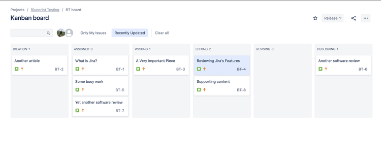 Jira kanban board view showing different columns to show status of tickets.