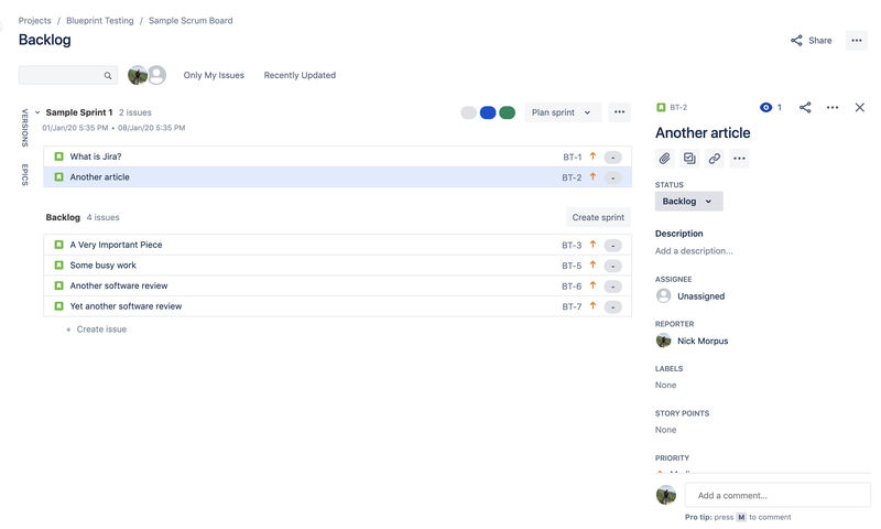 Jira screen showing a sprint backlog of different tickets with brief ticket descriptions in a right-hand side rail.