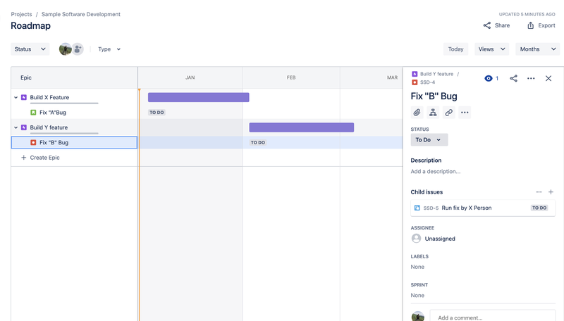 Jira project roadmap showing different estimated timelines for project with individual ticket descriptions in a right-hand side rail.