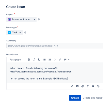 Jira's issue tracking screen with fields to add specific information about the problem