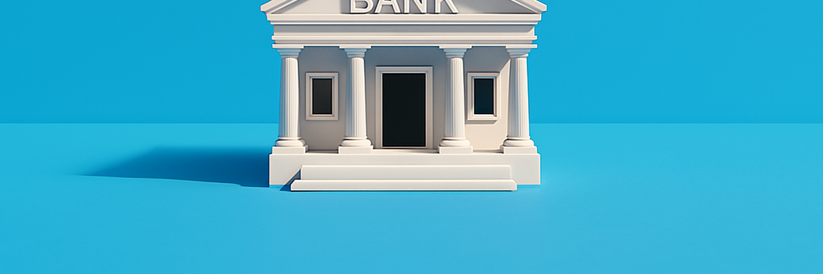 White bank building on blue background.