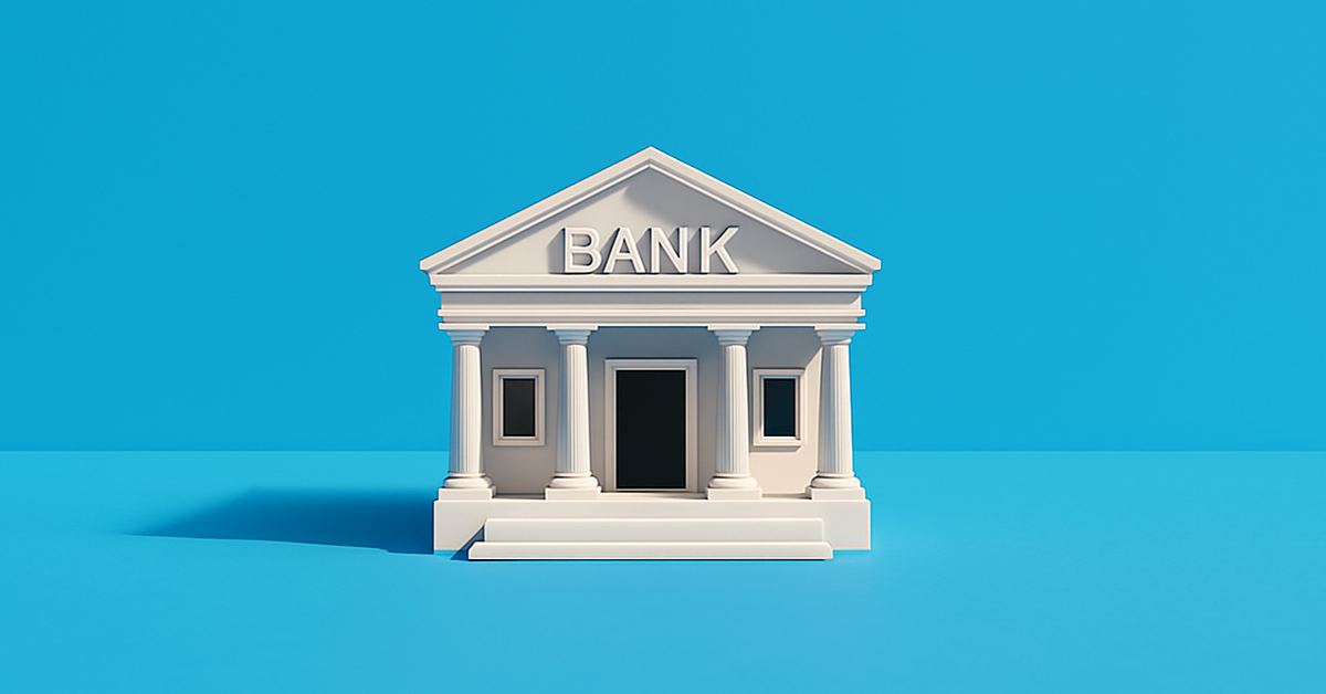 White bank building on blue background.