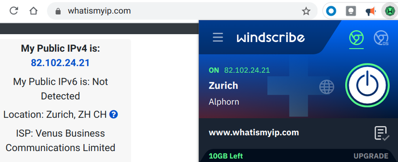 The Windscribe extension with location data is shown next to an IP detector.