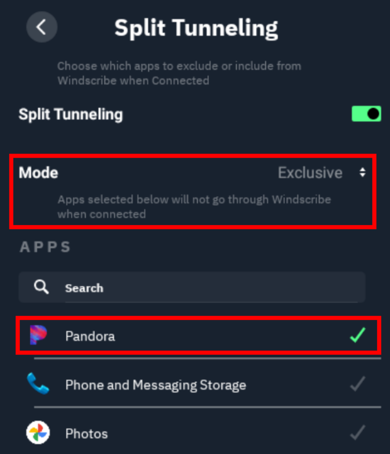 Split tunneling excludes the music app Pandora from VPN protection.