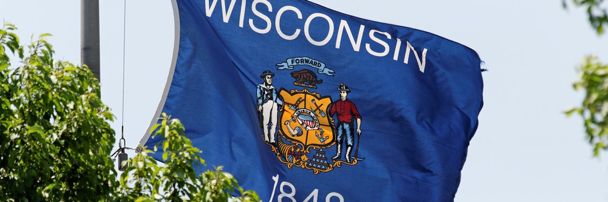 The Wisconsin state flag flying on a flag pole near green trees.