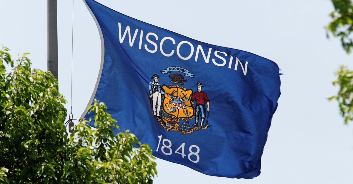 The Wisconsin state flag flying on a flag pole near green trees.