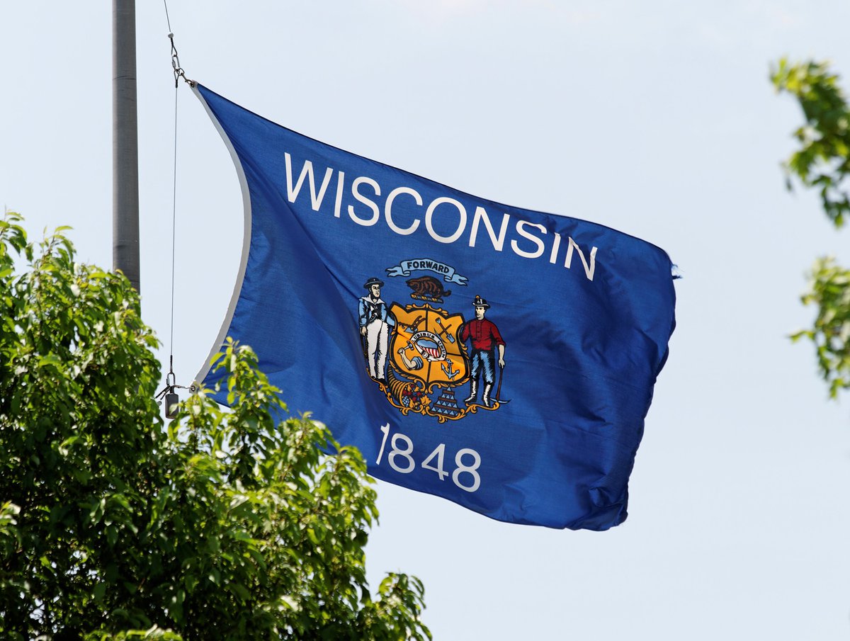 The Wisconsin state flag flying on a flag pole near green trees.