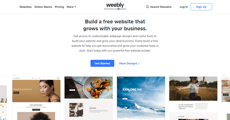 Weebly landing page advertising its free website builder and showing different website examples.