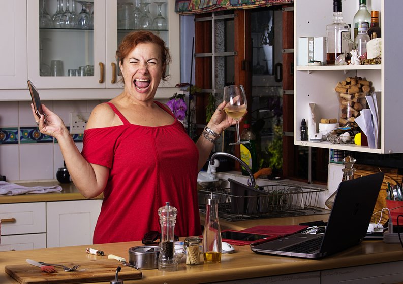 Woman With Wine Laptop And Phone