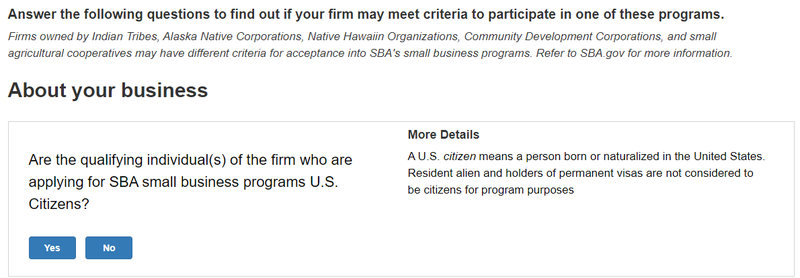A screenshot of the Small Business Administration’s women-owned small business eligibility tool.