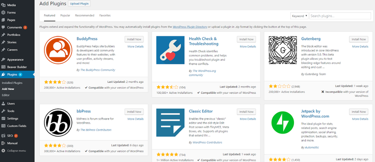 Screenshot of WordPress CMS plugins