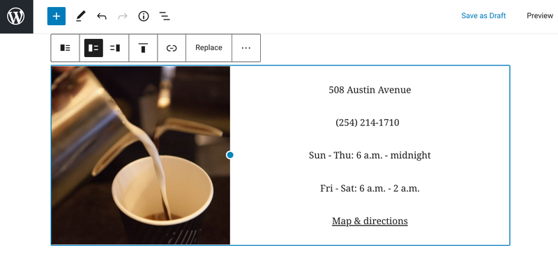 The WordPress.com post editor combines a photo on the left with text on the right.