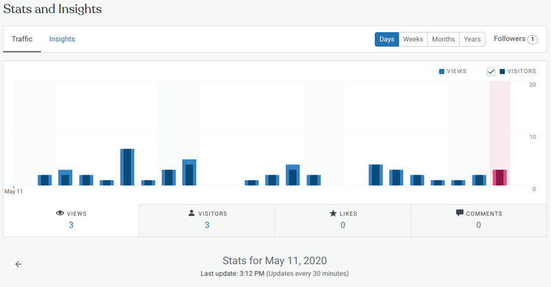 The stats dashboard uses a bar graph to display website page views and prompts you to visit additional stats at WordPress.com.