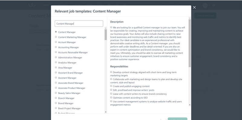 Workable search tool for job description templates with title options on the left and description on the right.