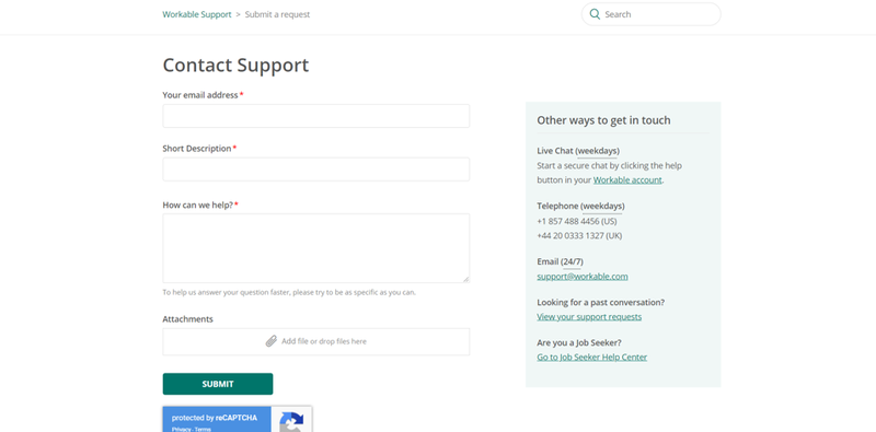 Workable page to contact support with form field on the left and other options (live chat, phone, email, etc.) on the right.