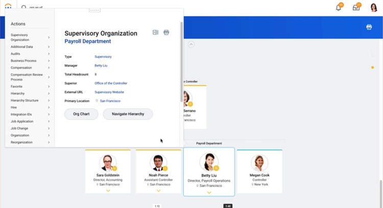 Workday screen to organize workforce structure including a pop-up window showing department name and tiles of individual employees underneath.