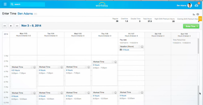 Screenshot of a sample employee attendance page from Workday.