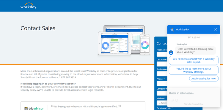 Workday pricing page prompting the reader to contact sales with a chat box in the bottom right corner.