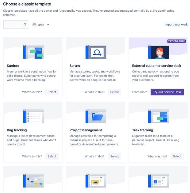 All template options Jira offers for your project