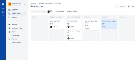 Jira kanban board view with sample projects in different columns