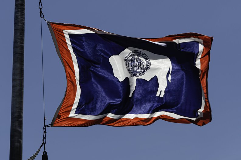 The state flag of Wyoming flying in front of a blue sky.