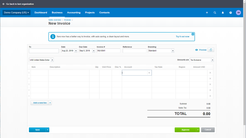 Xero screen to create an invoice with options to add details cost, client, description, etc.