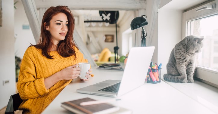 Young Woman With Cat Looking At Laptop