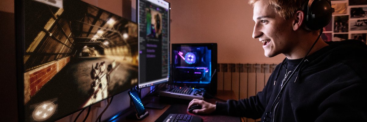 Young man enjoying an online game.