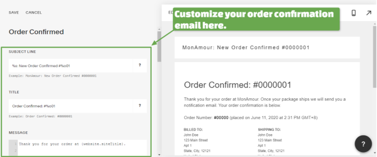 Squarespace's order confirmation