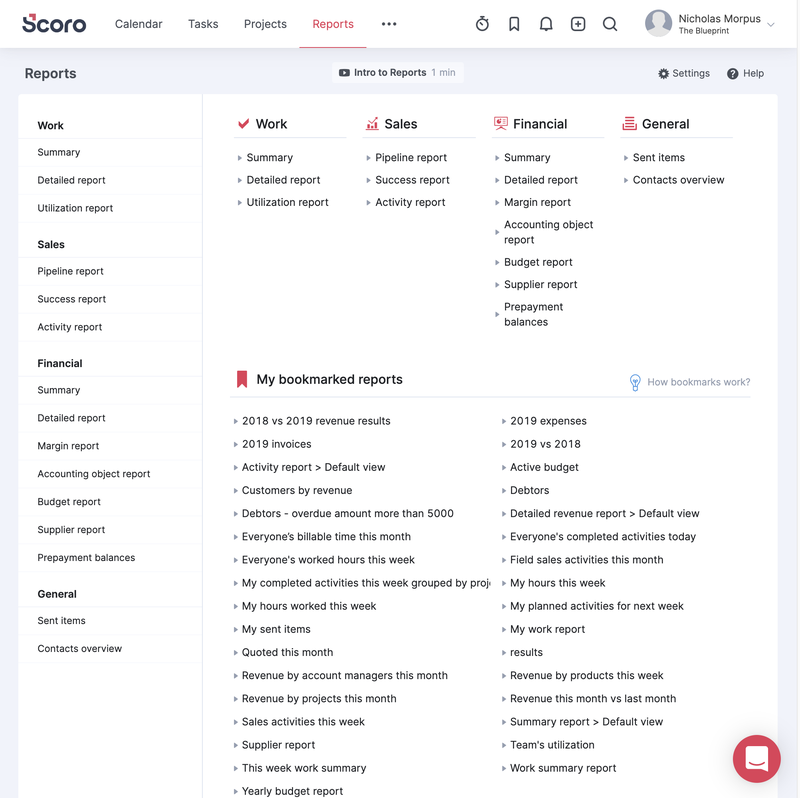 Screenshot of Scoro report types