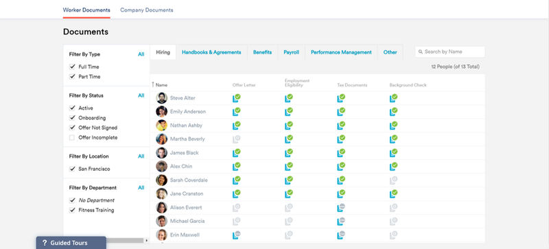 Zenefits table of employee documents with employee avatar, name, and list of signed signed documents per employee.