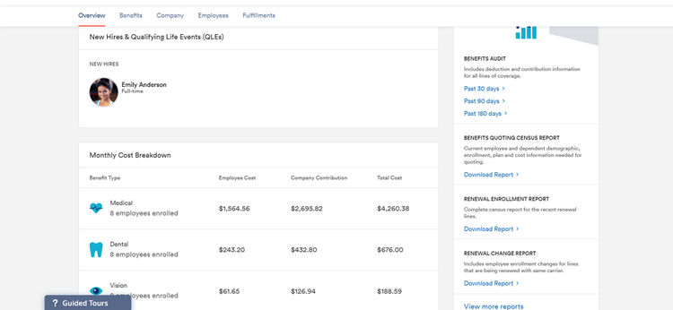 Zenefits breakdown of cost of benefits per employee including medical, dental, and vision.