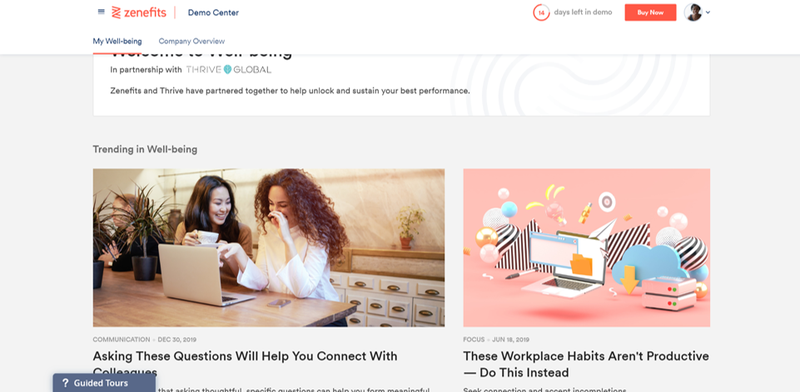 Screenshot of the Zenefits well-being interface with blog posts on wellness.