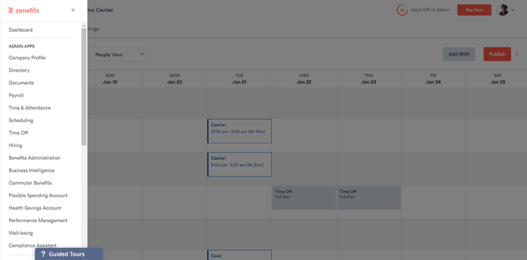 Zenefits calendar screen with navigation on the left-hand side.