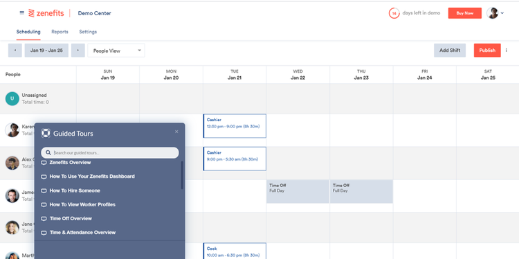 Zenefits calendar screen showing employees and scheduled activities such as training or PTO.