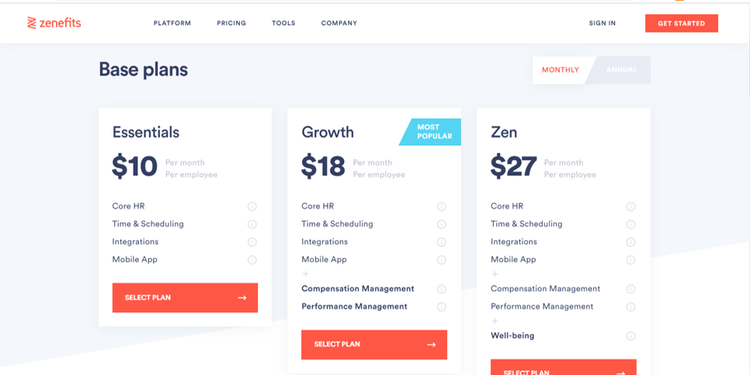Zenefits pricing in three tiers.