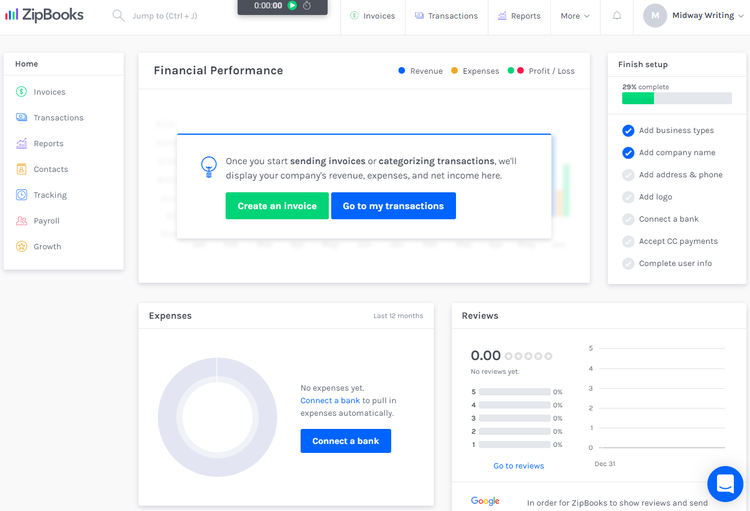 ZipBooks financial performance screen which shows your expense amount through a pie chart, your Google review star rating, and your system setup progress.