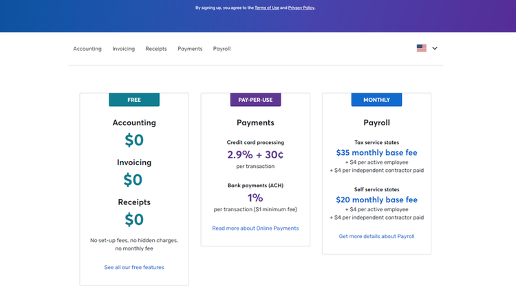 Price grid that displays a free plan, payment cost, and payroll cost
