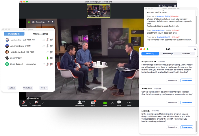 Screenshot of Zoom Webinars feature for large meetings, including a Q&A window, a chat window, participants window, and video feed.