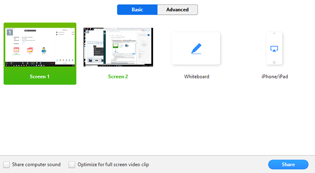 Four screen sharing options for Zoom Meetings, including Whiteboard, iPhone and iPad, and two screens.