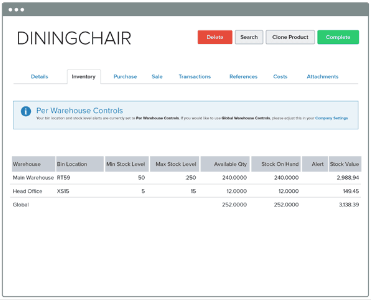 Unleashed’s stock management dashboard showing the number of dining chairs in stock.