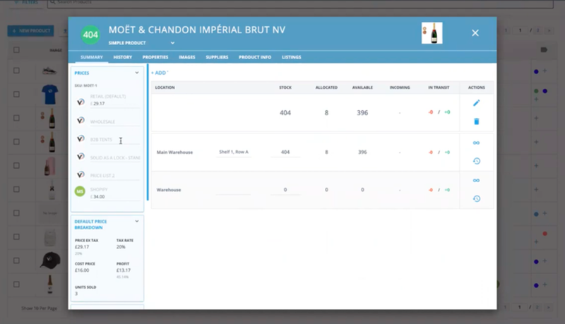 Veeqo’s product management dashboard with stock details for a Champagne.
