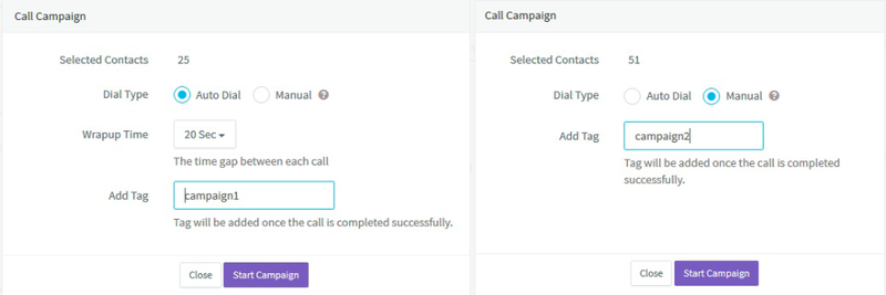 Agile CRM image showing autodialer functionality with different settings such as setting campaign name, wrap up time, number of contacts, etc.