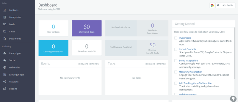 Agile CRM showing the sales dashboard with the navigation on the left-hand side and tiles for statistics in the main feed, including new contacts, revenue, deals won, events, tasks, etc.