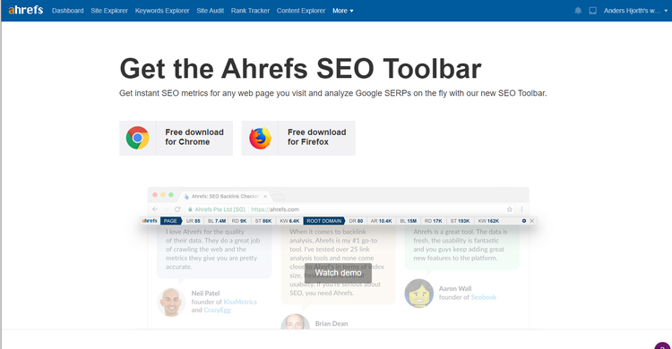 Screenshot of the Chrome and Firefox SEO toolbar extension page in Ahrefs.