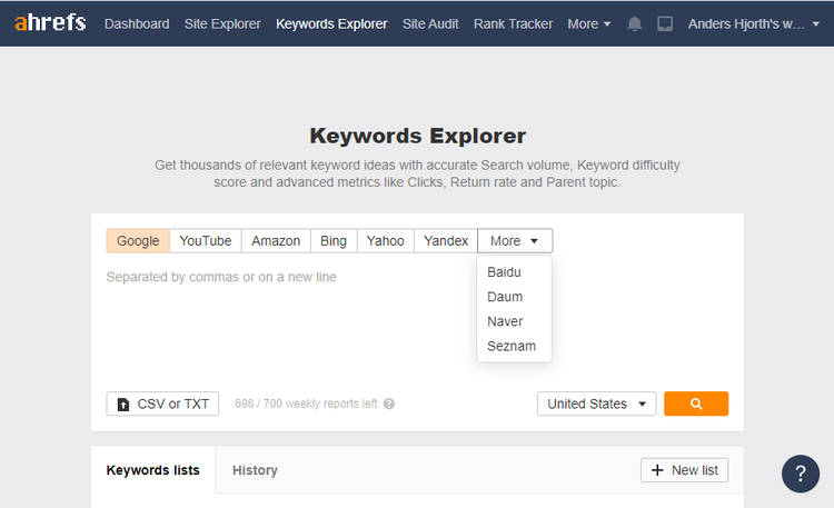 Screenshot of the Keywords Explorer.
