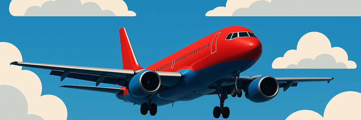 A red airplane flying among blue sky and clouds.