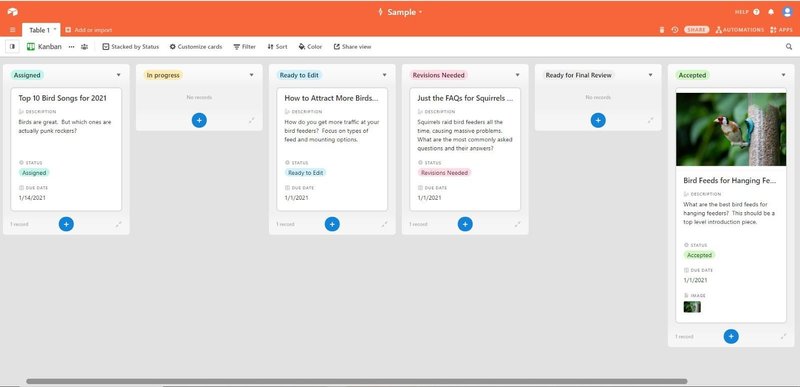 Kanban view in a simple Airtable base.