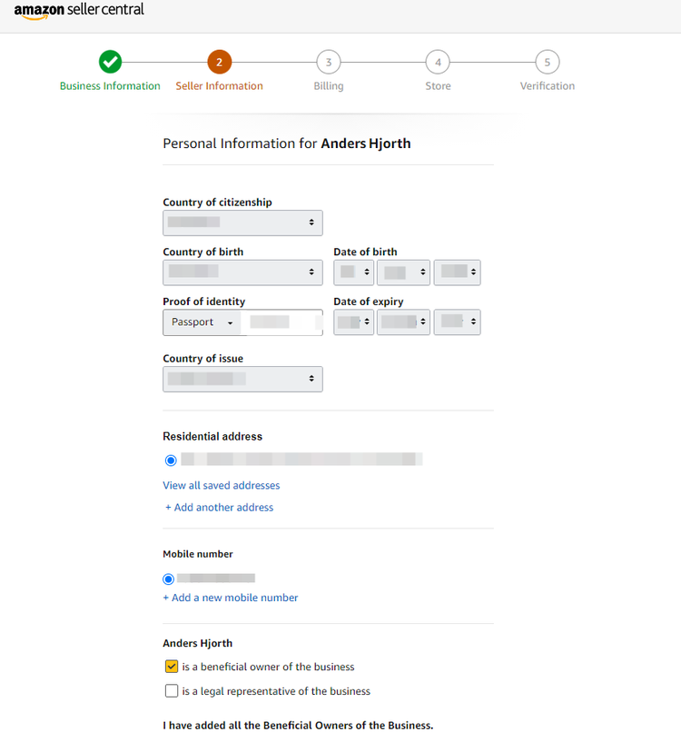 The seller information step in the Seller Central setup.