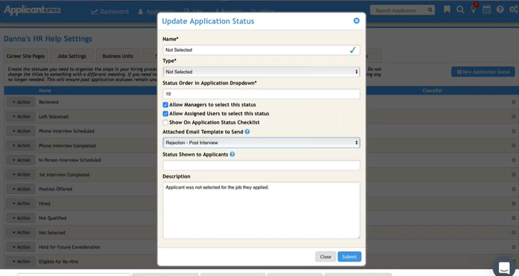 A screenshot of ApplicantPro’s update application status screen.